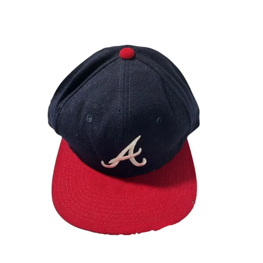 Vtg Atlanta Braves Sports Specialties Hat Blue Script Logo Fitted 7 1/4 Distress